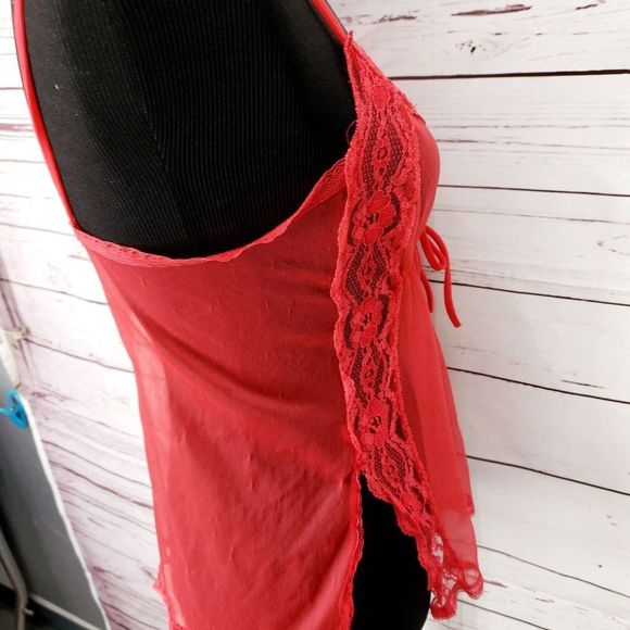 Berkliff Women's Red Lace Split Sides Baby Doll Nightie Top Size Medium - Picture 6 of 9